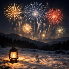 Colorful Fireworks Over Snowy Mountains on New Year Night