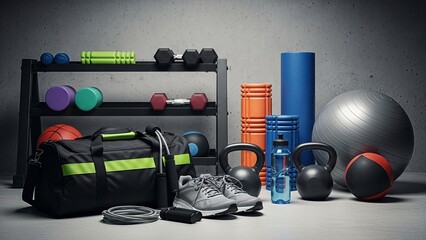 Comprehensive indoor fitness equipment arrangement demonstrating a healthy lifestyle