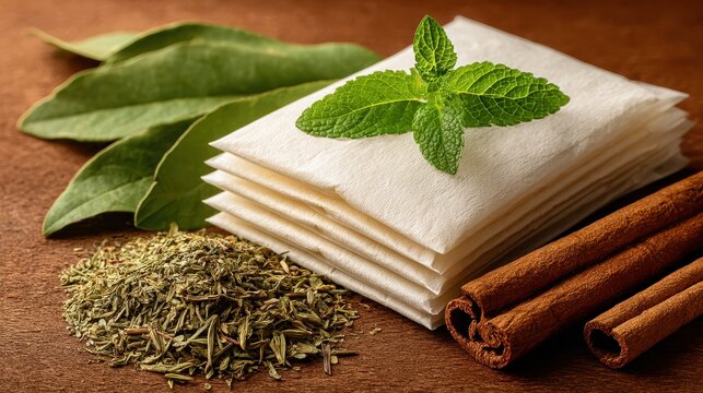 A still life composition featuring fresh mint leaves, dried herbs, cinnamon sticks, and bay leaves against a textured brown backdrop.