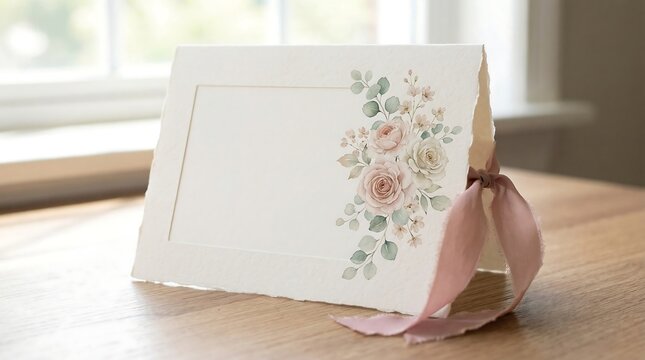Sophisticated blank folded card adorned with a romantic watercolor floral border and a graceful pink ribbon, perfect for invitations or heartfelt notes