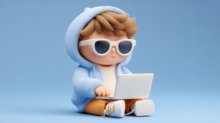 Cute 3D boy in glasses at laptop.