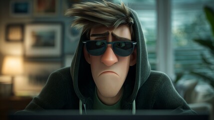 Stylized portrait of sad programmer at computer.