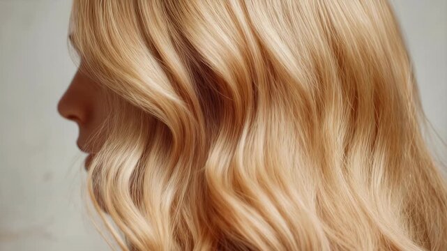 Soft golden curls of long blonde hair fill frame highlighting beauty salon styling healthy shine and feminine elegance in close up view