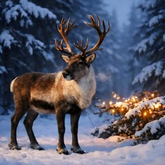 Majestic Stag in Snowy Forest with Warm Holiday Lights