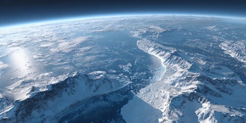 Space view of frozen planet surface.