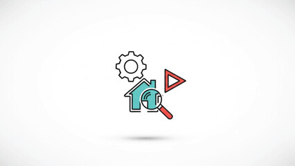 A modern minimalist icon featuring a house, a mechanical gear, a magnifying glass, and a play button triangle with teal and red accents. This design represents automated real estate property 