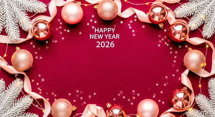 Festive New Year 2026 frame with frosted fir branches, pink and rose gold baubles, satin ribbons and tiny star confetti surrounding an empty burgundy space for text