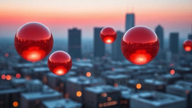 Video A group of red spheres hovering above the city skyline, with city lights and buildings visible in the background