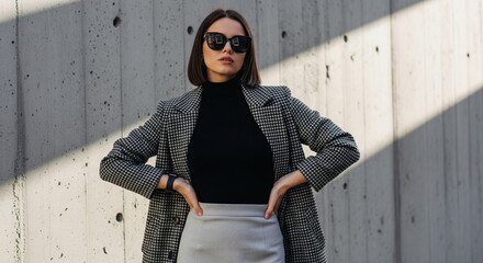 Confident woman in houndstooth coat and black turtleneck posing hands on hips against raw concrete wall, modern minimal urban fashion, strong shadow, bright natural sunlight