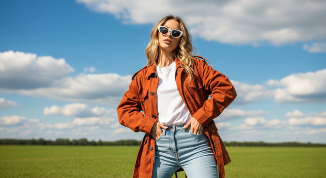 Stylish blonde woman in belted rust-orange jacket and white T-shirt posing confidently outdoors, wearing trendy white cat-eye sunglasses against a blue sky with fluffy clouds