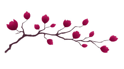 Magnolia branch dark brown stem vibrant magenta flower bud delicate petal spring blossom isolated on transparent background elegant natural beauty decorative botanical art