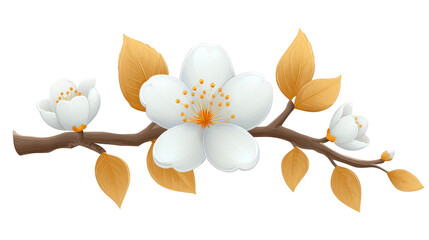 White flower branch with golden leaves, delicate blossom, spring floral illustration, nature inspired, elegant and peaceful, botanical art, decorative design