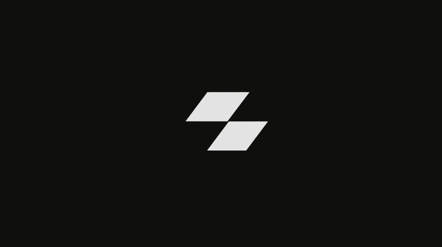 Modern abstract geometric symbol design, two white parallelograms on a black background, minimalist clean digital graphic