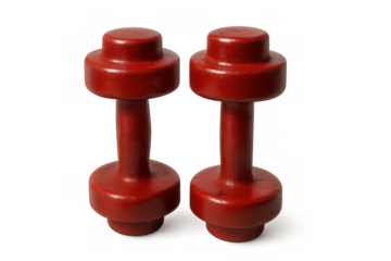 Pair of red small dumbbells for fitness exercising, strength training, and home workouts, with transparent background