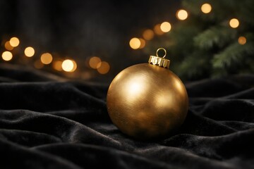 Gold Christmas Bauble on Dark Fabric with Warm Bokeh Lights