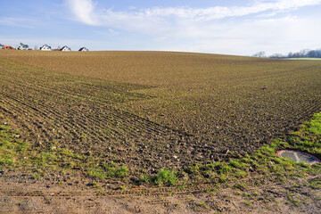 Rural landscape with agriculture field and single family detached homes in the background on a sunny autumn day. Photo taken December 20th, 2025, Oberh&ouml;ri, Canton of Zurich, Switzerland.