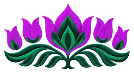 Purple floral embroidery green leaf pattern decorative textile design symmetrical motif elegant botanical ornament nature inspired detailed stitching artistic home decor