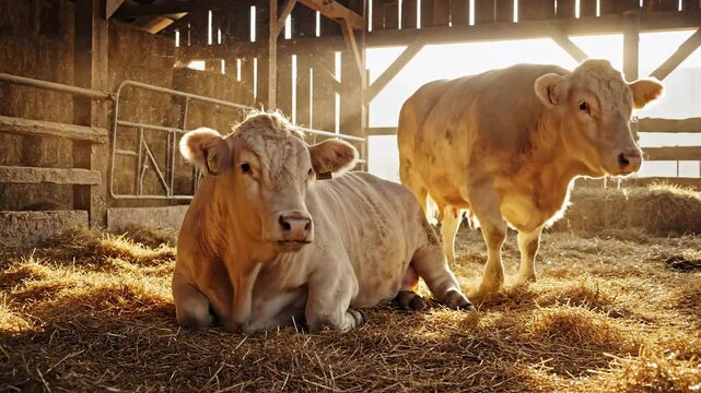 Two cows resting in a sunlit barn surrounded by straw.