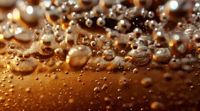 Golden bubbles rising in a fizzy drink with warm lighting