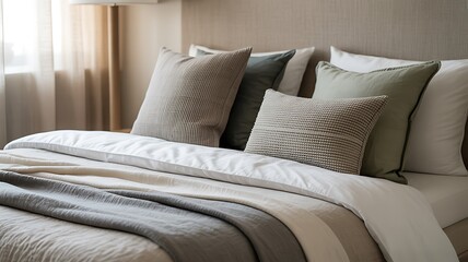 A neatly made bed with beige and gray pillows and a textured blanket in a cozy bedroom
