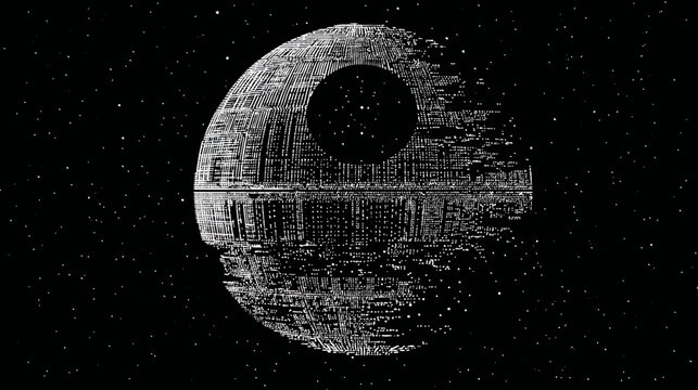 Gigantic sci-fi space station, a massive spherical battle facility with a distinct crater, floating in deep dark outer space with stars