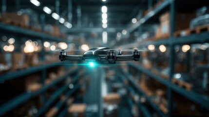 Medium shot of a sleek drone scanning warehouse shelves with advanced sensors highlighting automated inventory management and precise stock counting capabilities.