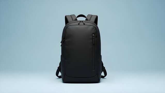 Black backpack on solid pastel background