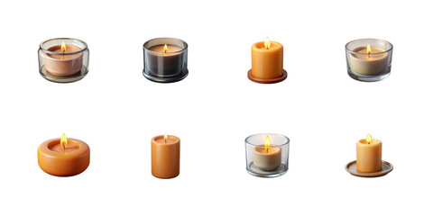 Collection of eight glowing scented and unscented candles in glass jars and standalone pillar forms on transparent background
