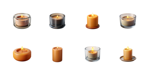Collection of eight glowing scented and unscented candles in glass jars and standalone pillar forms on transparent background