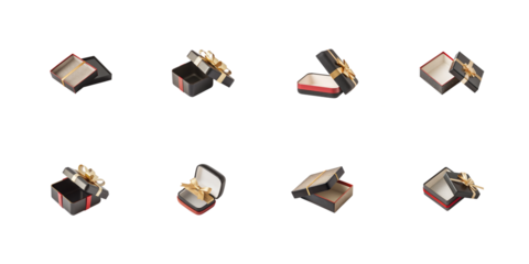 Collection of open black and red gift boxes with gold ribbons displayed at various angles on transparent background