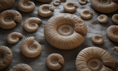 Group of spiral fossils on a textured surface, varying sizes