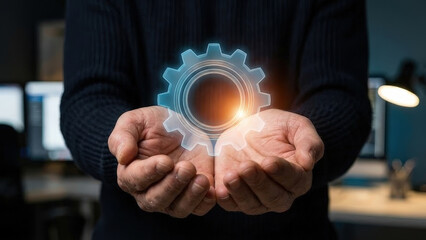 Futuristic gear hologram innovation automation technology digital virtual hand support glowing holographic gear icon in human hand