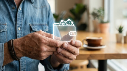 Digital wallet mobile payment online banking senior man hand money cash currency technology coffee shop secure digital wallet mobile payment