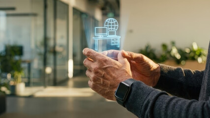 Modern office augmented reality digital hologram business technology smart device virtual workspace innovation futuristic man office