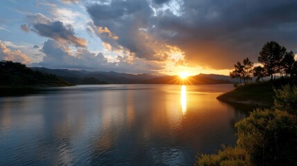 Naklejka premium Sunset reflection over tranquil lake serene landscape nature photography peaceful environment scenic view