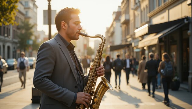 Street musician playing saxophone during golden hour in european city