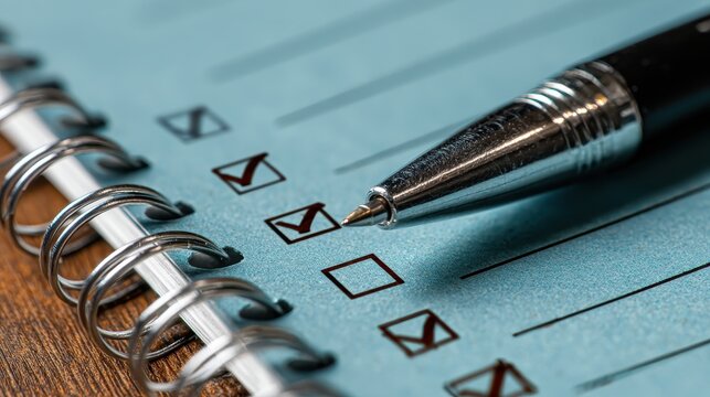 A close up shot focuses on a metallic ballpoint pen marking a checkbox on a light blue notepad. The notepad is spiral bound and rests on a wooden surface.