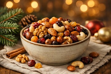 Festive Trail Mix Bowl with Nuts and Dried Fruit on Warm Bokeh