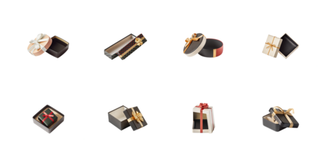 Collection of various open luxury gift boxes with elegant ribbons perfect for special occasions on transparent background