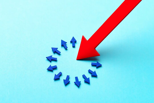 Red arrow pointing down towards circle of blue arrows on cyan background group