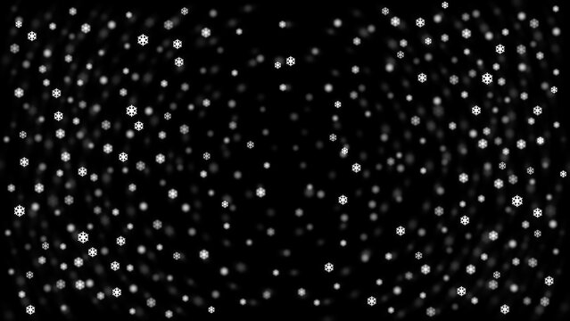 White snow flakes or snowfall with swirl soft bokeh on isolated black background, Image for Christmas or happy New Year greeting card, representation template concept