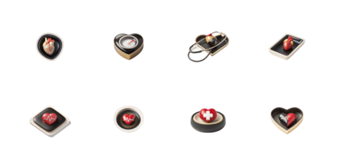 Collection of eight 3d cardiology and heart health related icons featuring anatomical and symbolic representations on transparent background
