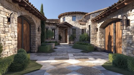 Fototapeta premium A courtyard house exterior with circular stone walls recessed wooden gates and tiled walkways leading inward Trimmed hedges