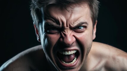 Video A shirtless male figure with his mouth open in shock or alarm, possibly from pain or surprise