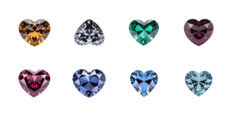Collection of eight assorted colorful heart shaped faceted gemstones displayed against a black background on transparent background