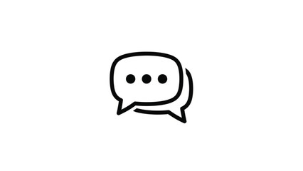 This minimalist vector icon depicts two overlapping speech bubbles, representing an active dialogue or messaging interface. Designed with bold black outlines and three central dots signifying "typing"