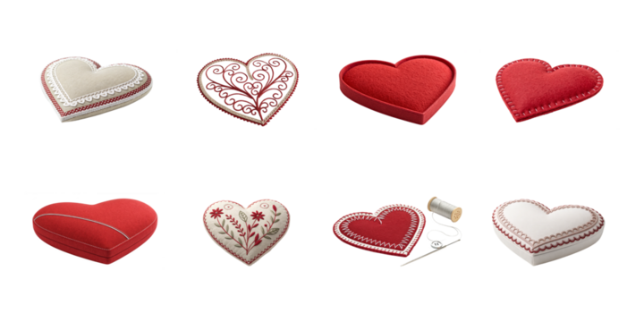 Collection of eight assorted decorative heart shapes including embroidered fabric boxes felt cutouts and sewing supplies on transparent background - Powered by Adobe