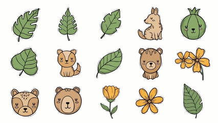 Cute Cartoon Forest Animals and Plants Collection.