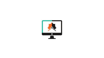 This flat vector icon features a modern desktop computer monitor displaying a stylized orange and black emblem resembling a compass or drafting tool. Framed by a sleek teal and black border.