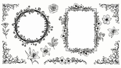 Elegant Floral Wreath and Rectangle Frame with Botanical Elements.